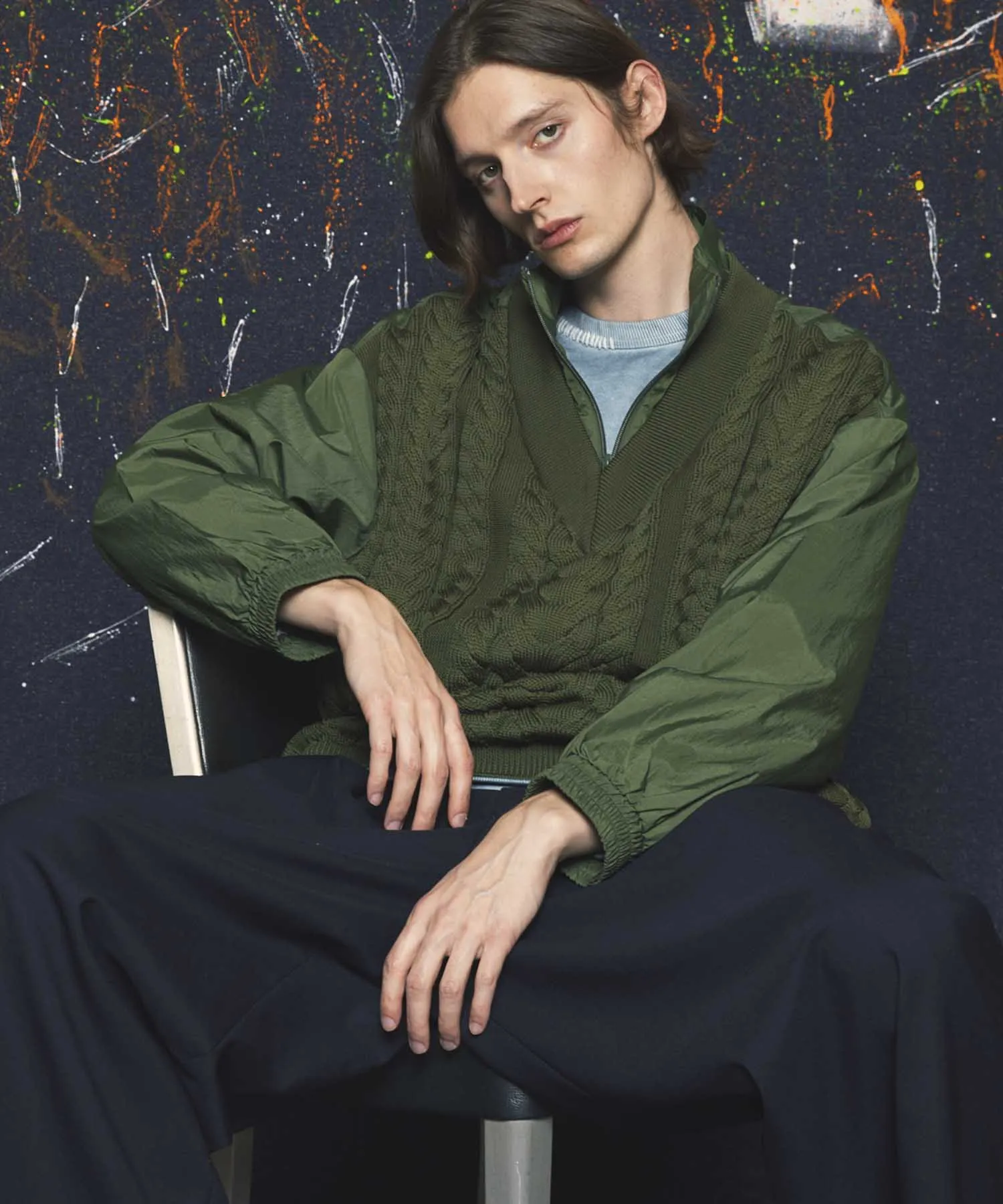 Cable Knit Combination Prime-Over Woven Shirt Half-Zip Pullover