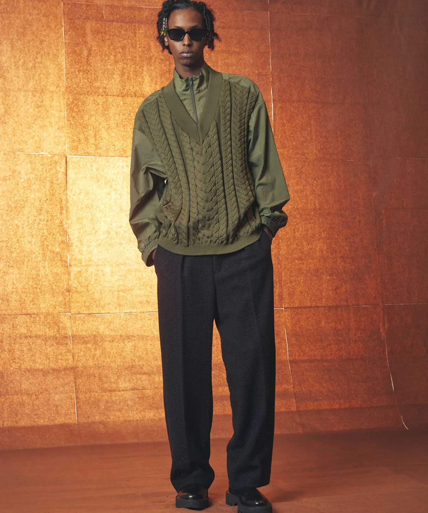 Cable Knit Combination Prime-Over Woven Shirt Half-Zip Pullover