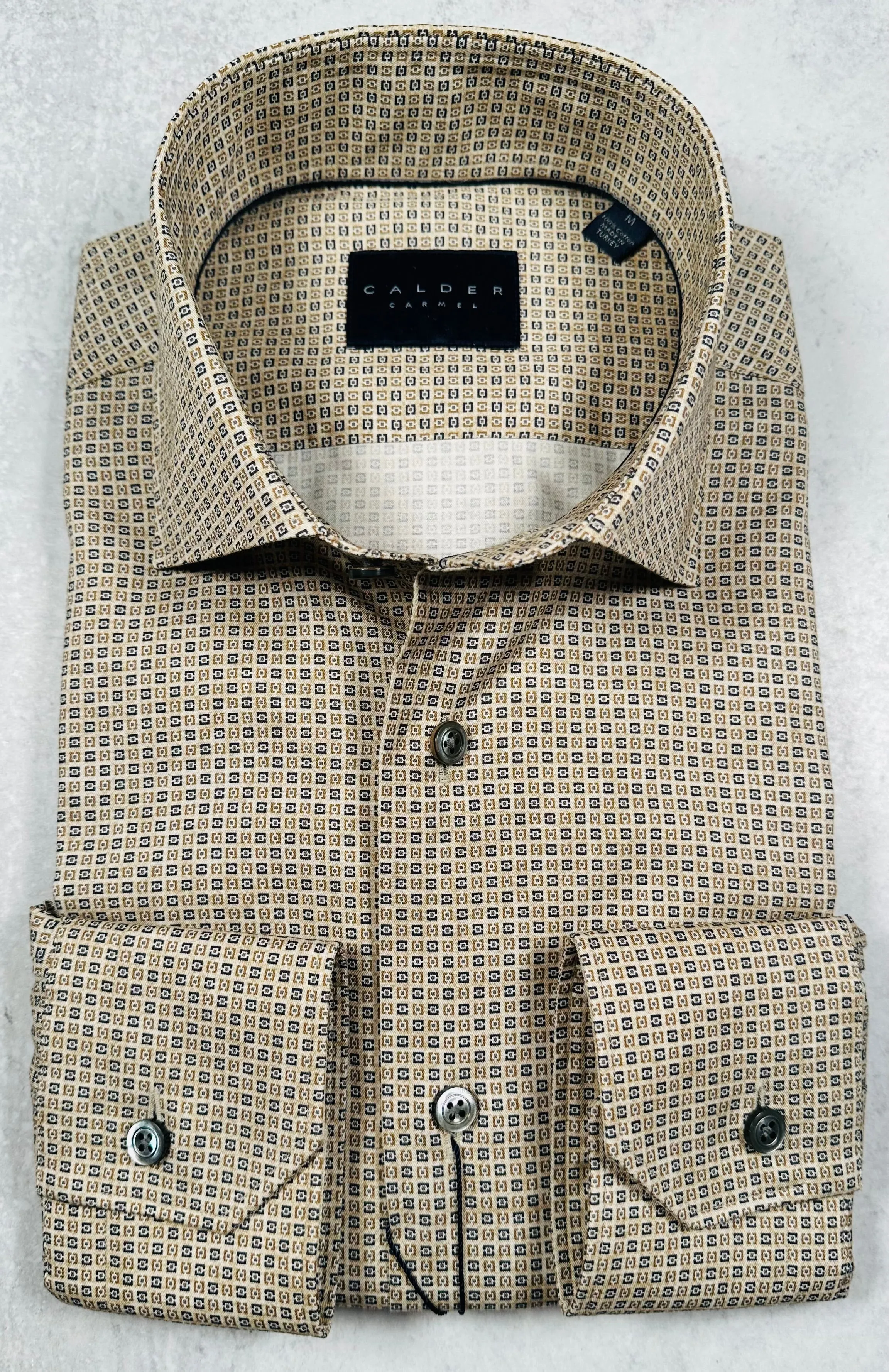 Calder Carmel Luxury Italian Printed Micro Neat Sport Shirt in Sand