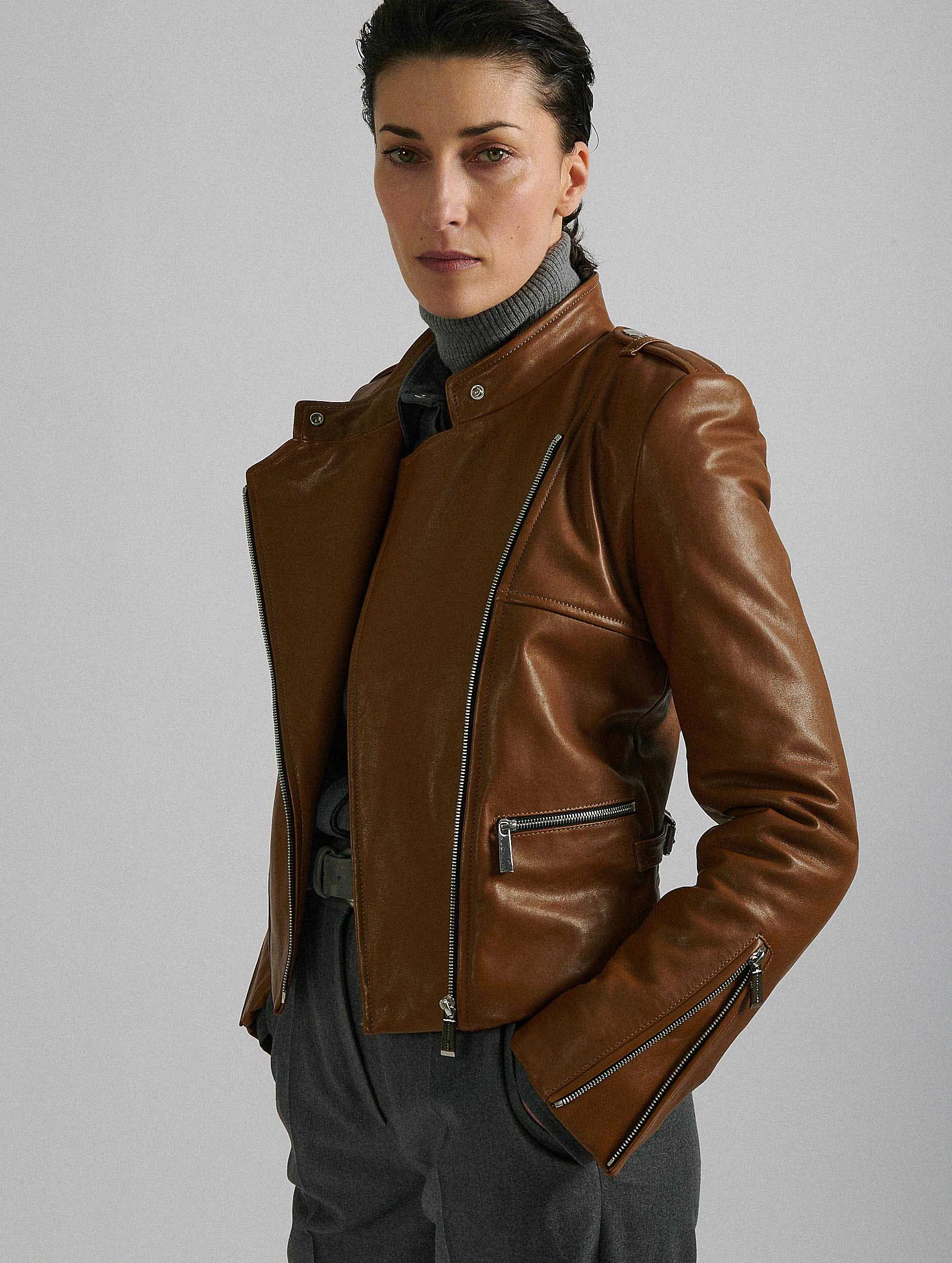 Camel leather biker jacket