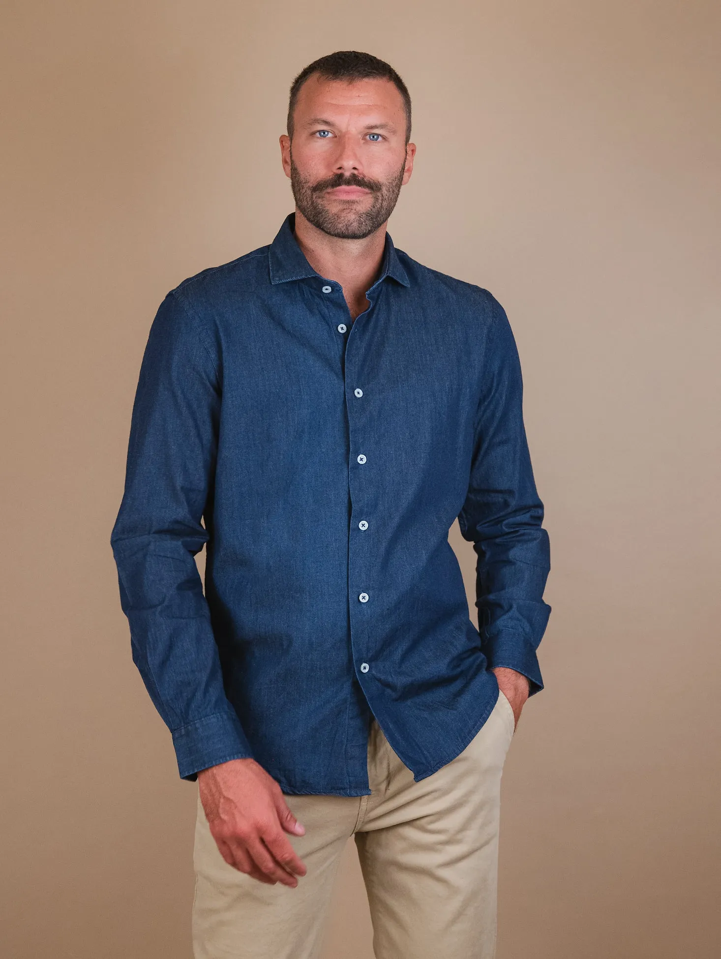 CAMICIA IN COTONE EFFETTO DENIM SCURO