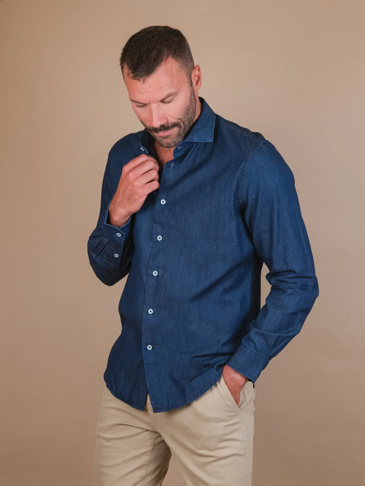 CAMICIA IN COTONE EFFETTO DENIM SCURO