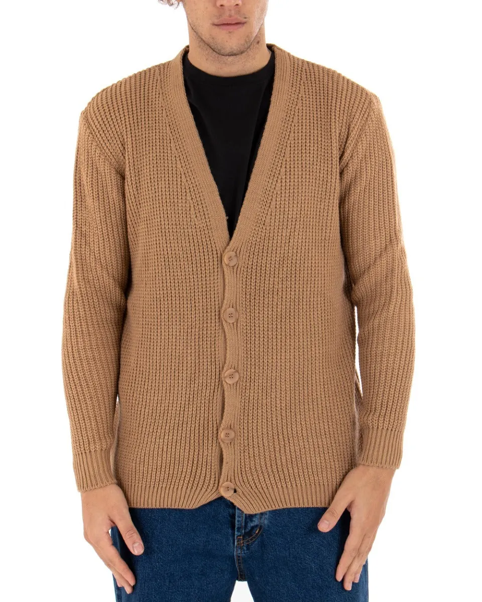 Cardigan Uomo Giacca Con Bottoni Maglioncino Scollo V Maglia Inglese Camel GIOSAL-M2412A