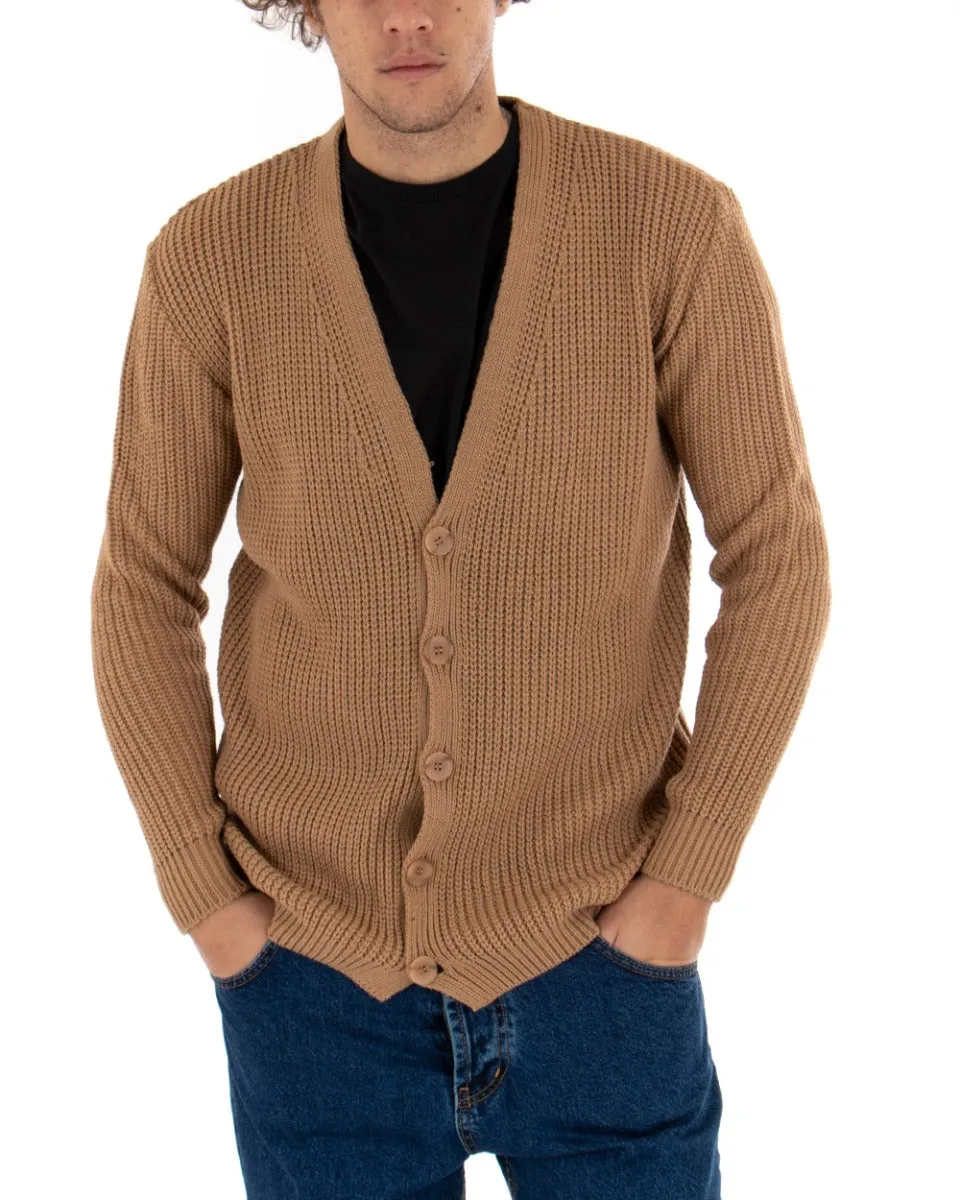 Cardigan Uomo Giacca Con Bottoni Maglioncino Scollo V Maglia Inglese Camel GIOSAL-M2412A