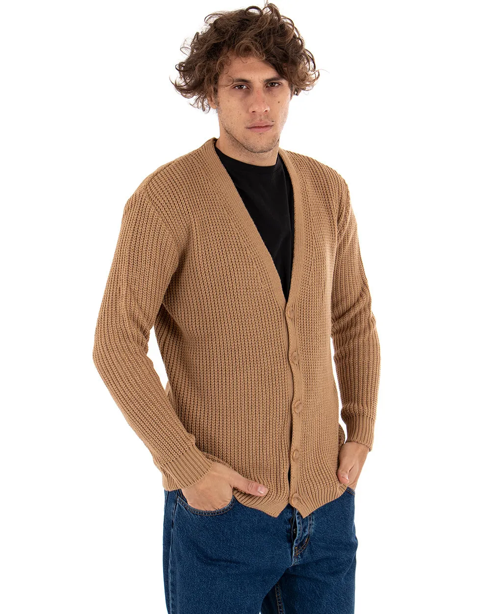 Cardigan Uomo Giacca Con Bottoni Maglioncino Scollo V Maglia Inglese Camel GIOSAL-M2412A