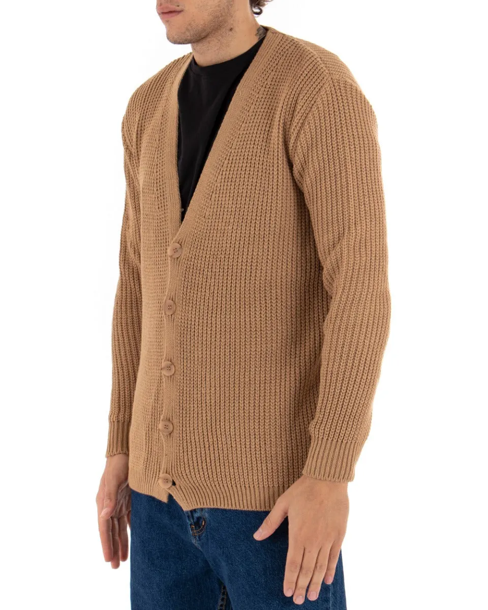 Cardigan Uomo Giacca Con Bottoni Maglioncino Scollo V Maglia Inglese Camel GIOSAL-M2412A