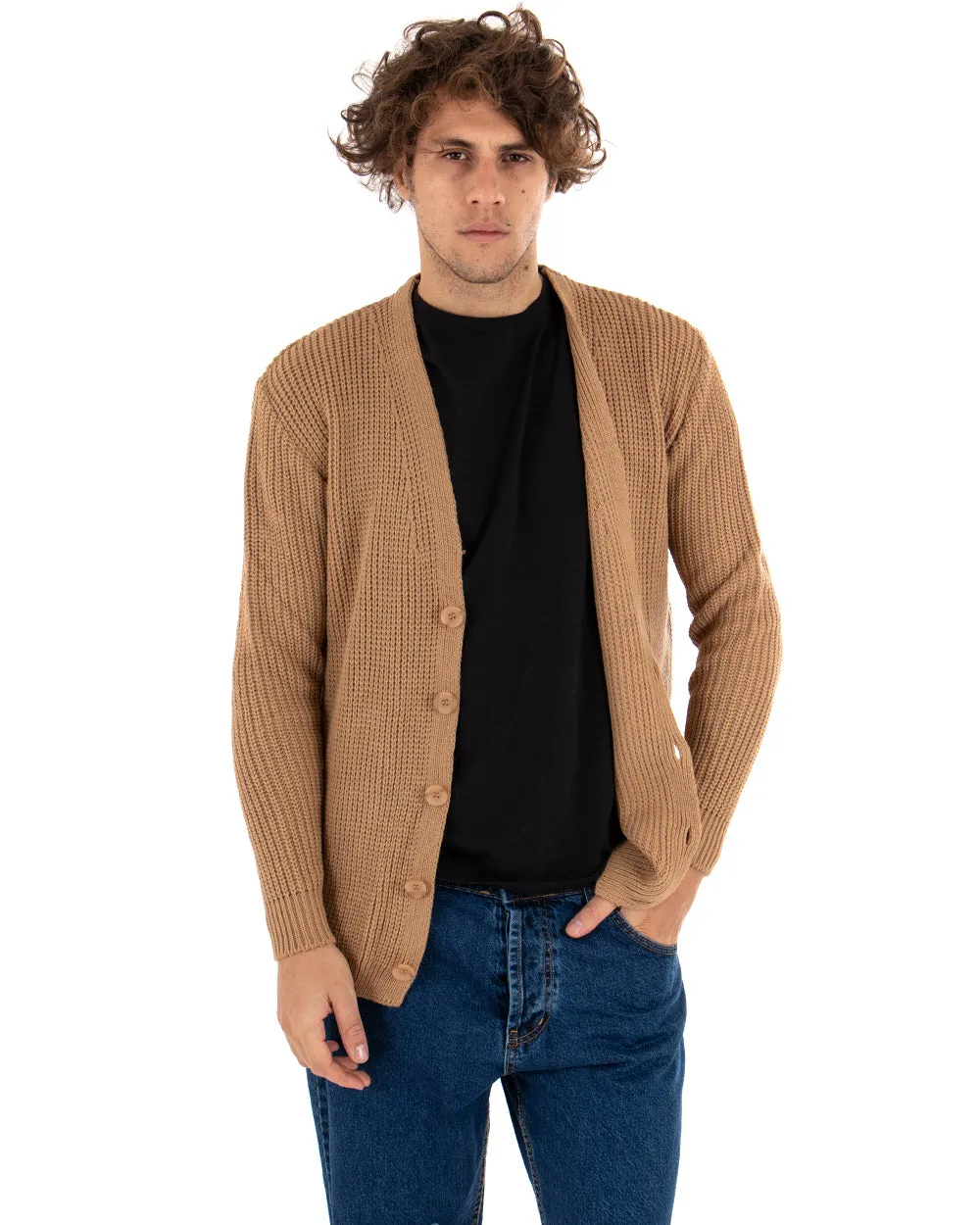 Cardigan Uomo Giacca Con Bottoni Maglioncino Scollo V Maglia Inglese Camel GIOSAL-M2412A