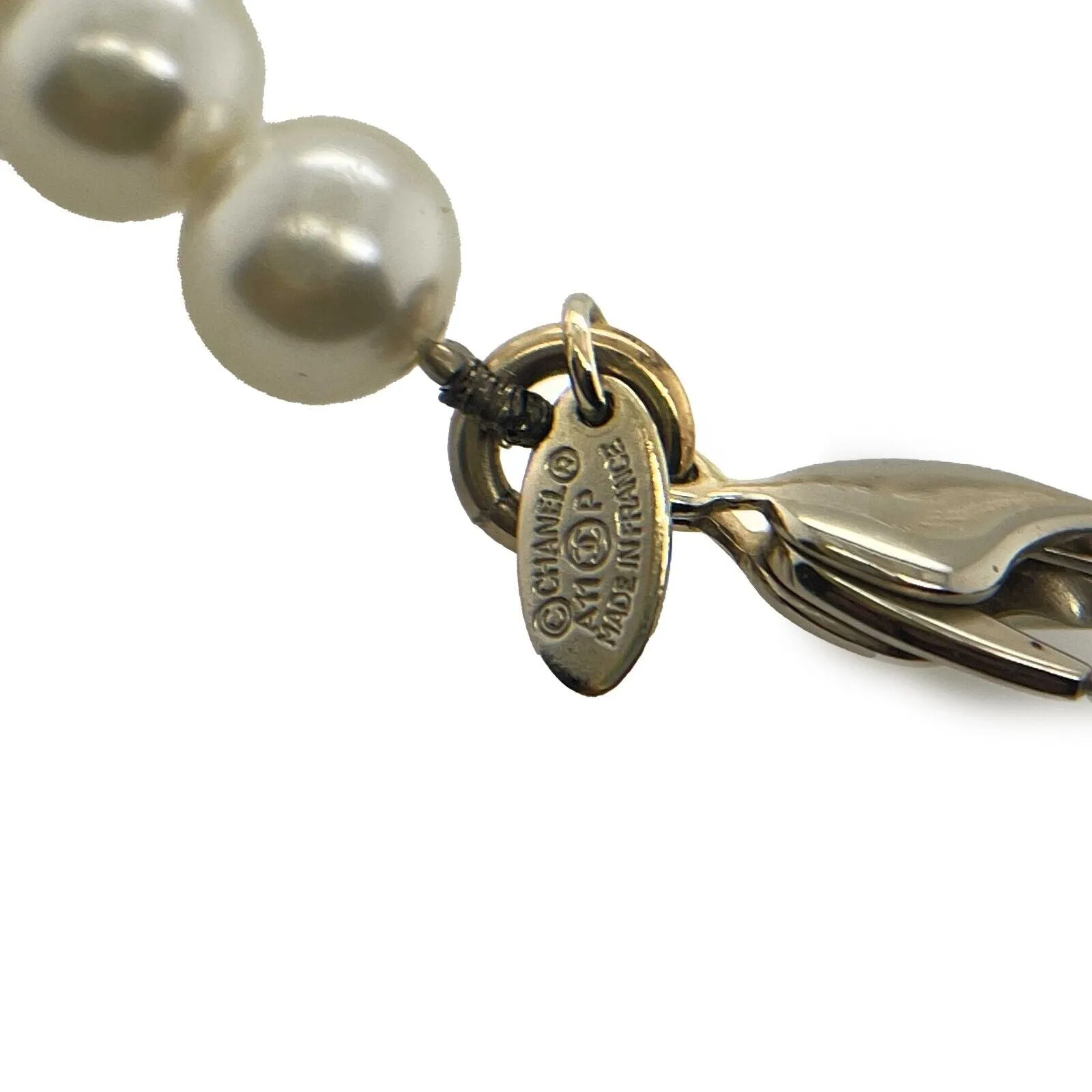 CHANEL - 11P Pearl Crystal CC Charm Faux Pearl Long Silver Necklace