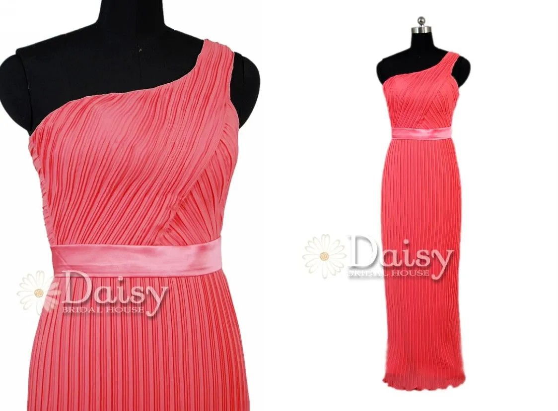 Charming Long Cherry Bridesmaid Dress Pleated One Shoulder Chiffon Dress(BM4027)