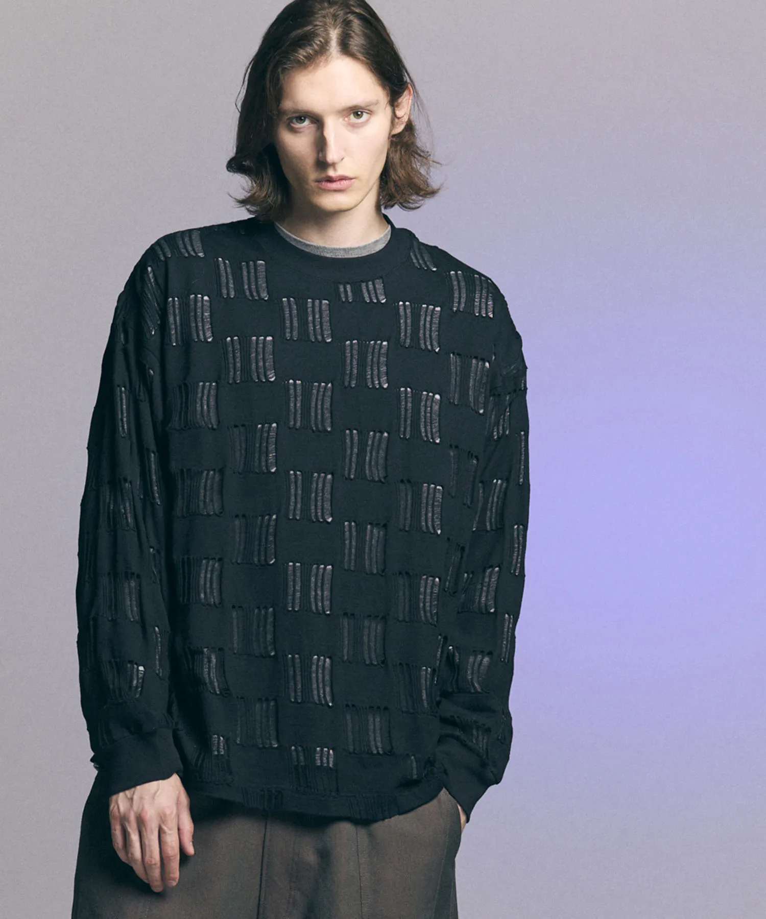 Check Jacquard Prime-Over Crew Neck Knit Pullover