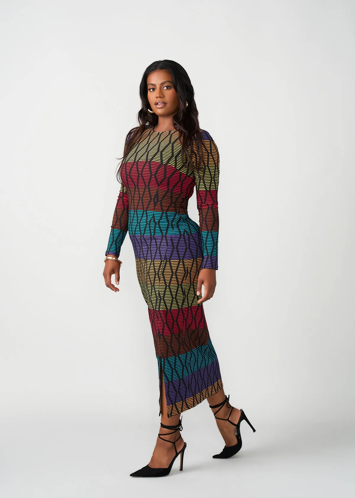 Chidima Women's African Print Stretch Tunic (Rainbow Diamond Stripes)