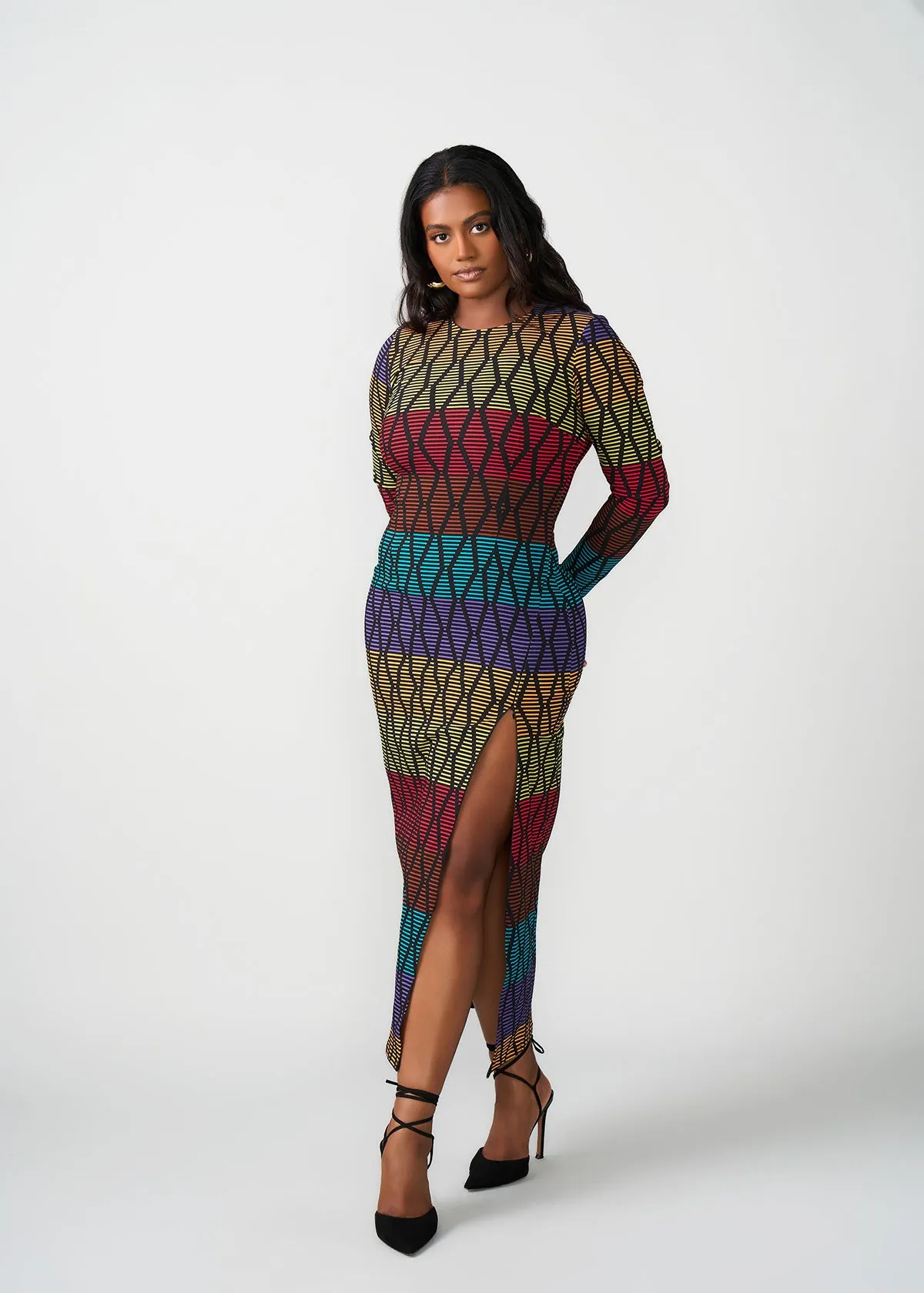 Chidima Women's African Print Stretch Tunic (Rainbow Diamond Stripes)