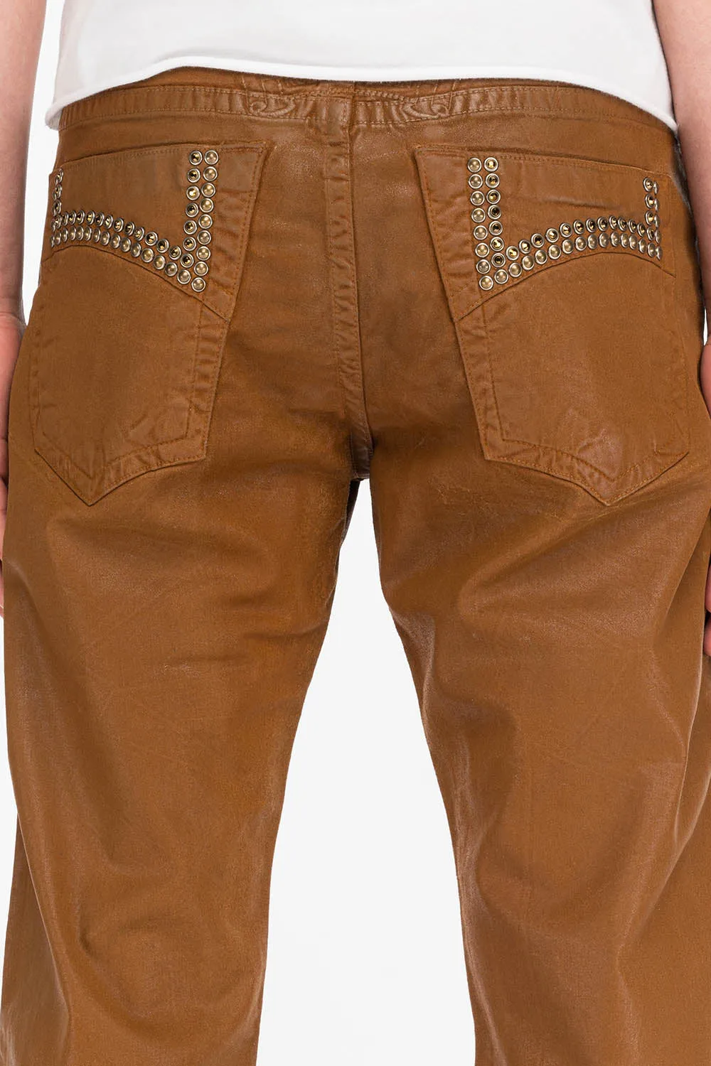 CLASSIC 5 POCKET STRAIGHT LEG JEANS IN CUIR CARAMEL WITH STUDS AND CRYSTALS