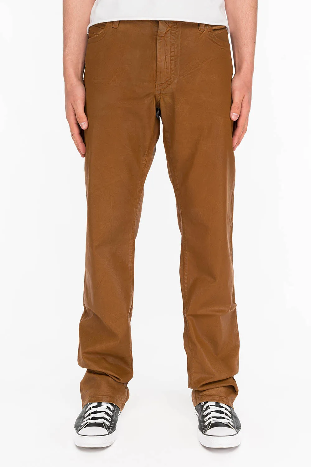 CLASSIC 5 POCKET STRAIGHT LEG JEANS IN CUIR CARAMEL WITH STUDS AND CRYSTALS