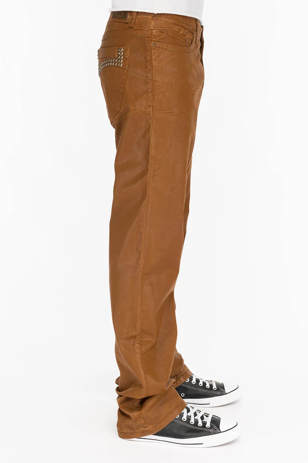 CLASSIC 5 POCKET STRAIGHT LEG JEANS IN CUIR CARAMEL WITH STUDS AND CRYSTALS