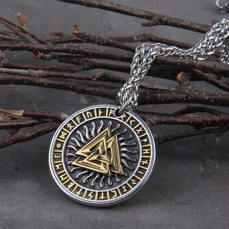 Collier Viking "Pendentif du Soleil Runic et Valknut"