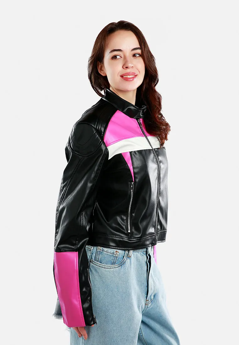 Color Block Faux Leather Biker Jacket