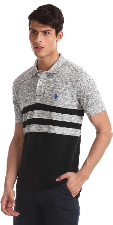 Color Block Men Polo Neck Grey, Black T-Shirt-Usts6128