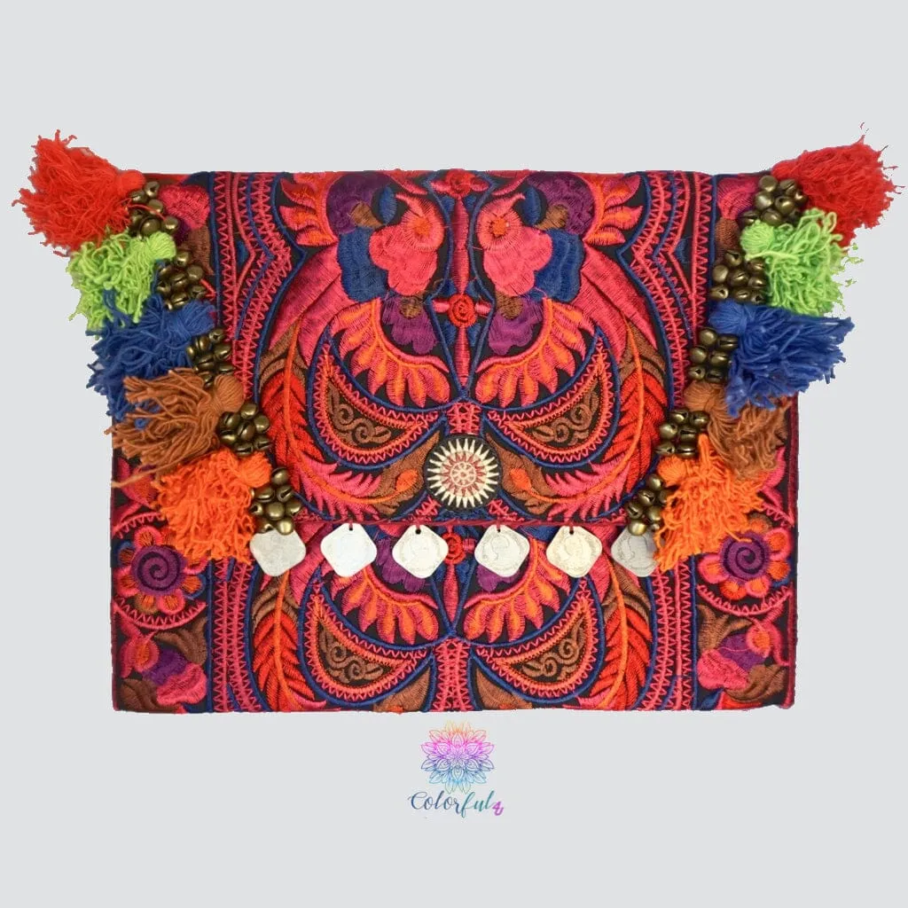 Colorful Embroidered Clutch - Tassel Clutch Bag - Bohemian Style