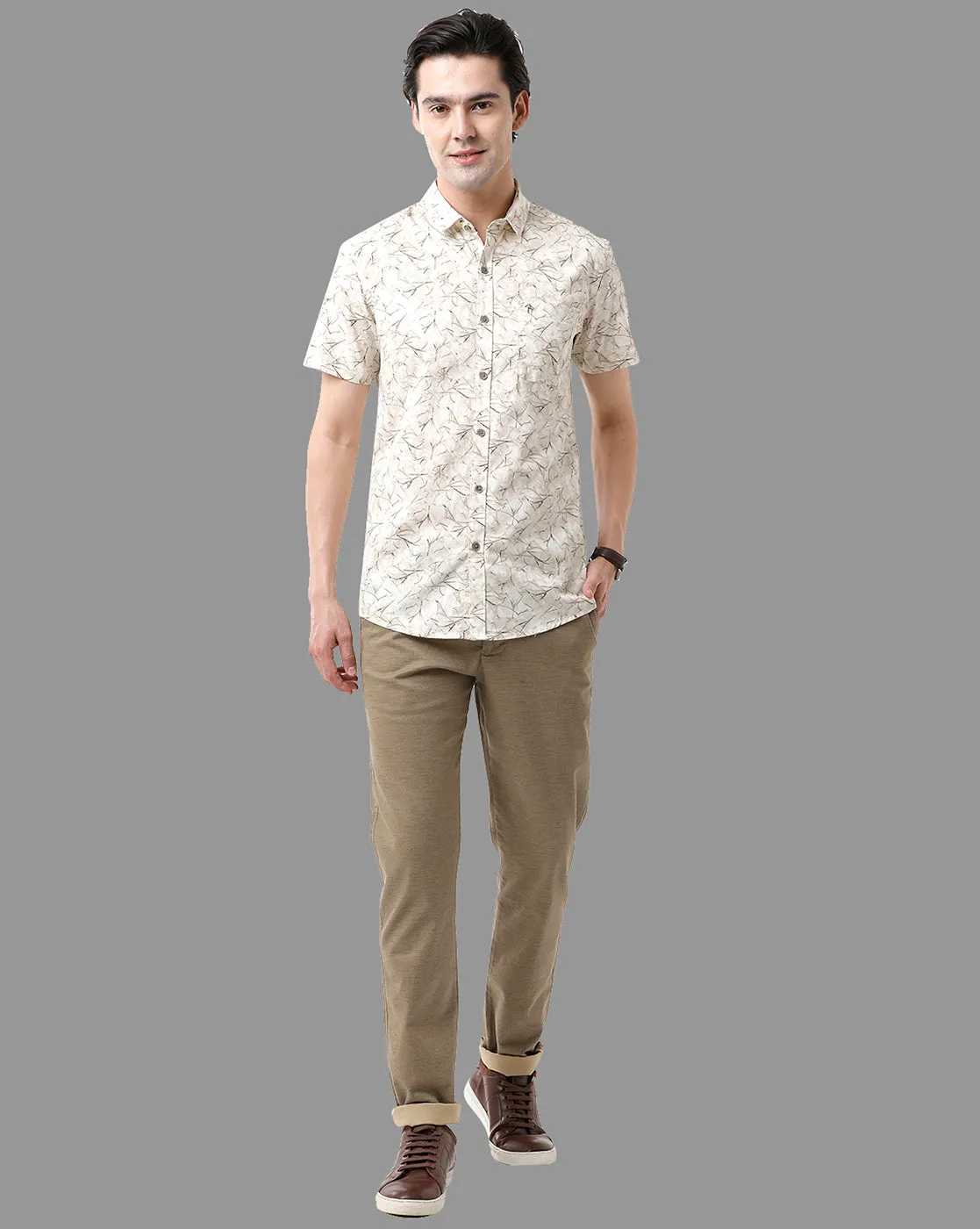 CP BRO Men's Cotton Half Sleeve Printed Slim Fit Polo Neck Cream Color Woven Shirt | Sbn2-63 B