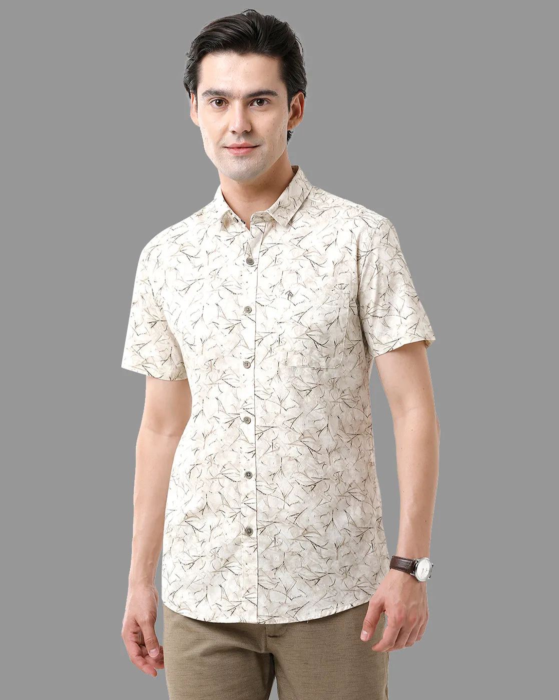 CP BRO Men's Cotton Half Sleeve Printed Slim Fit Polo Neck Cream Color Woven Shirt | Sbn2-63 B