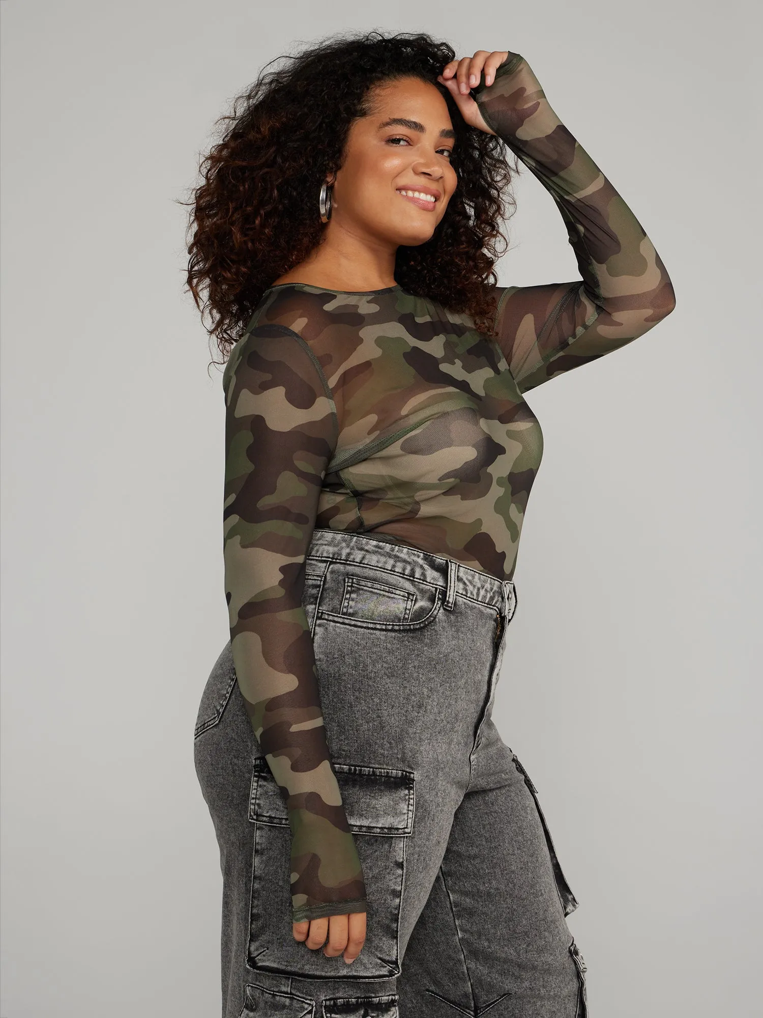 Crew-Neck Camo Printed Mesh Top