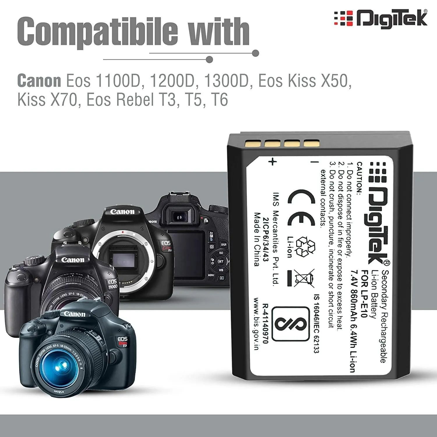 Digitek (LP E10) Lithium-ion Rechargeable Battery for DSLR Camera, Compatibility - EOS 1100D, EOS 1200D, EOS Rebel T3, EOS Rebel T5, X50 & EOS Kiss