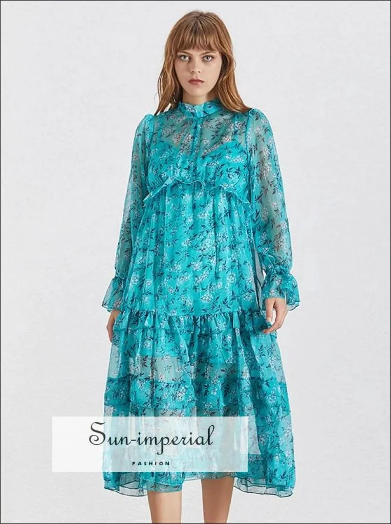 Dove Dress -blue Floral Print Midi Dress Stand Collar Flare Long Sleeve Ruffles Casual Dress