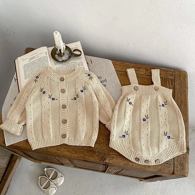 Embroidered Knit Cardigan and Romper Set for Girls - Various Styles, Sizes 3M-3Y