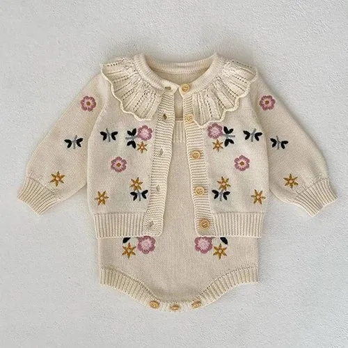 Embroidered Knit Cardigan and Romper Set for Girls - Various Styles, Sizes 3M-3Y