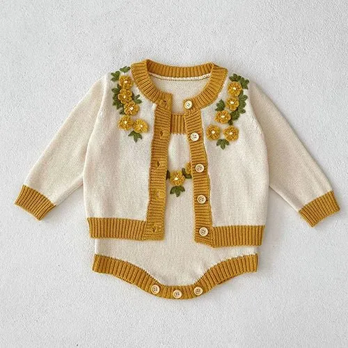 Embroidered Knit Cardigan and Romper Set for Girls - Various Styles, Sizes 3M-3Y