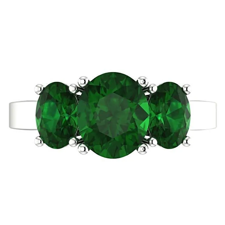 Emerald Three Stone Ring 14K White Gold