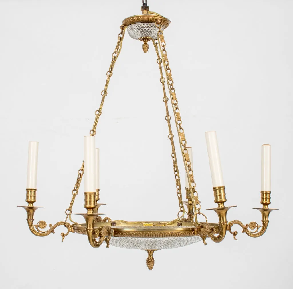 Empire Style Glass Gilt Metal 6 Light Chandelier