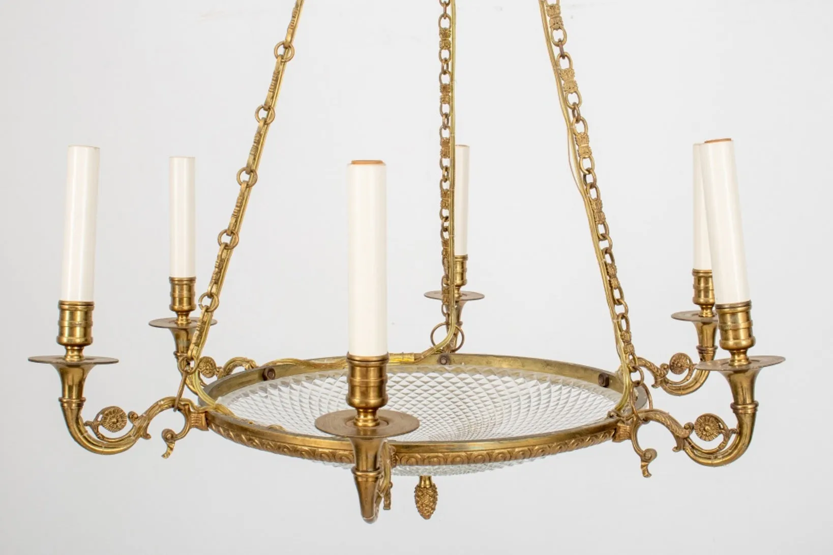 Empire Style Glass Gilt Metal 6 Light Chandelier