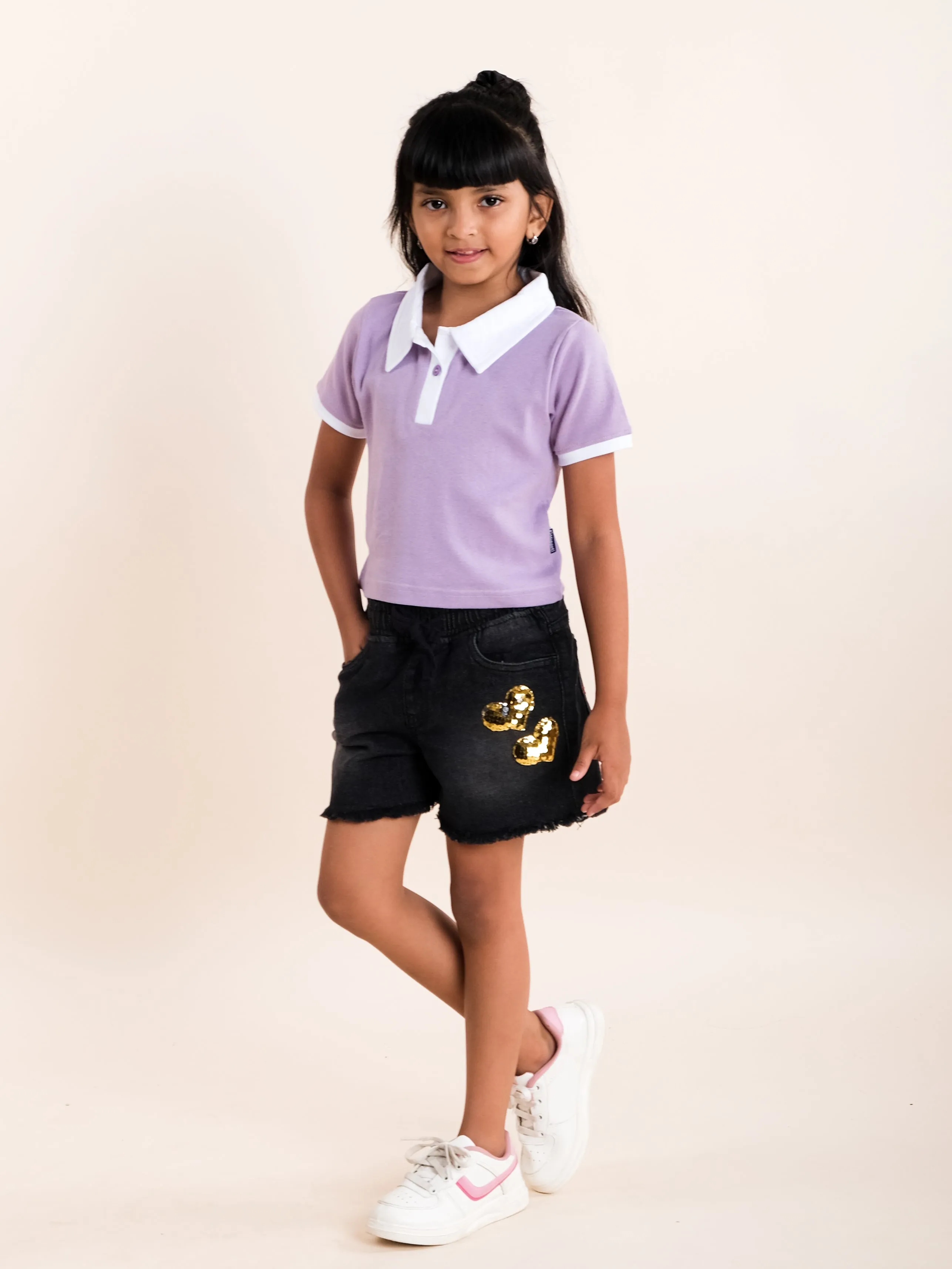 Girls Cotton Solid Half Sleeve Crop Length Polo Tee With Denim Hot Shorts Set