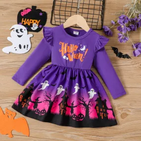 Girls Halloween Purple Flutter Long Sleeve Dress