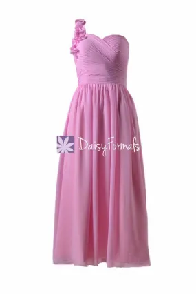 Glamorous Cotton Pink One Shoulder Party Dress Long Pink Chiffon Dress (BM10824AL)