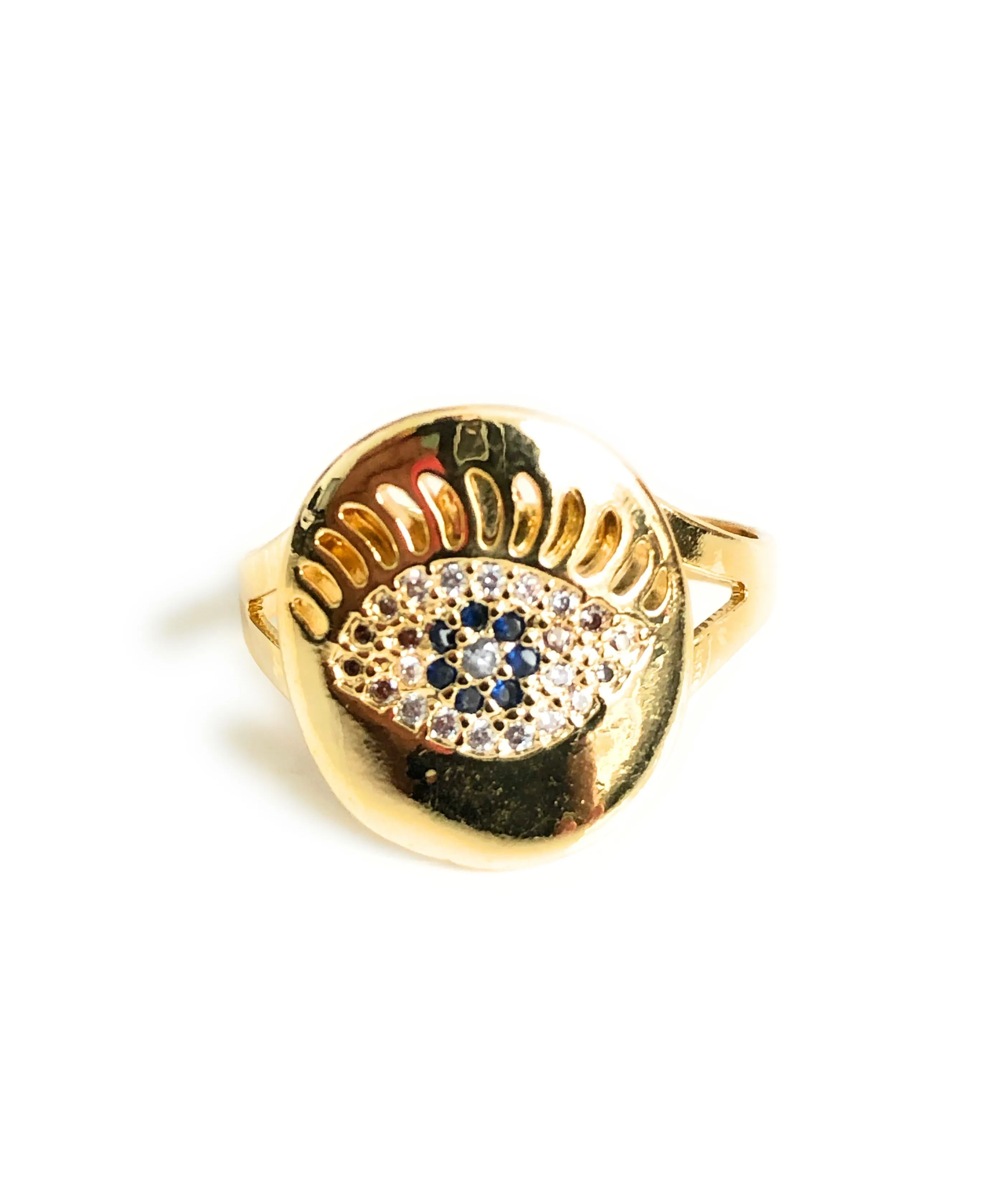 Gold Plated Evil Eye Adjustable Cubic Zirconia Ring