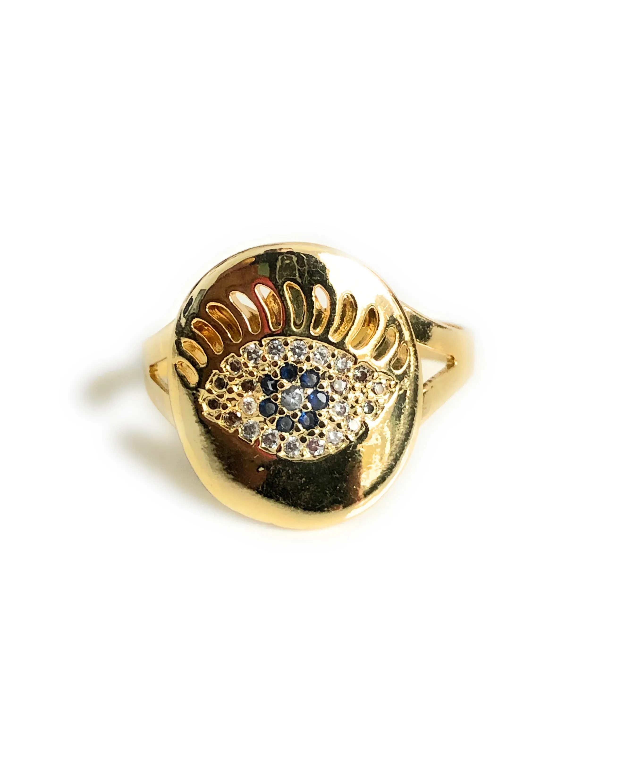 Gold Plated Evil Eye Adjustable Cubic Zirconia Ring