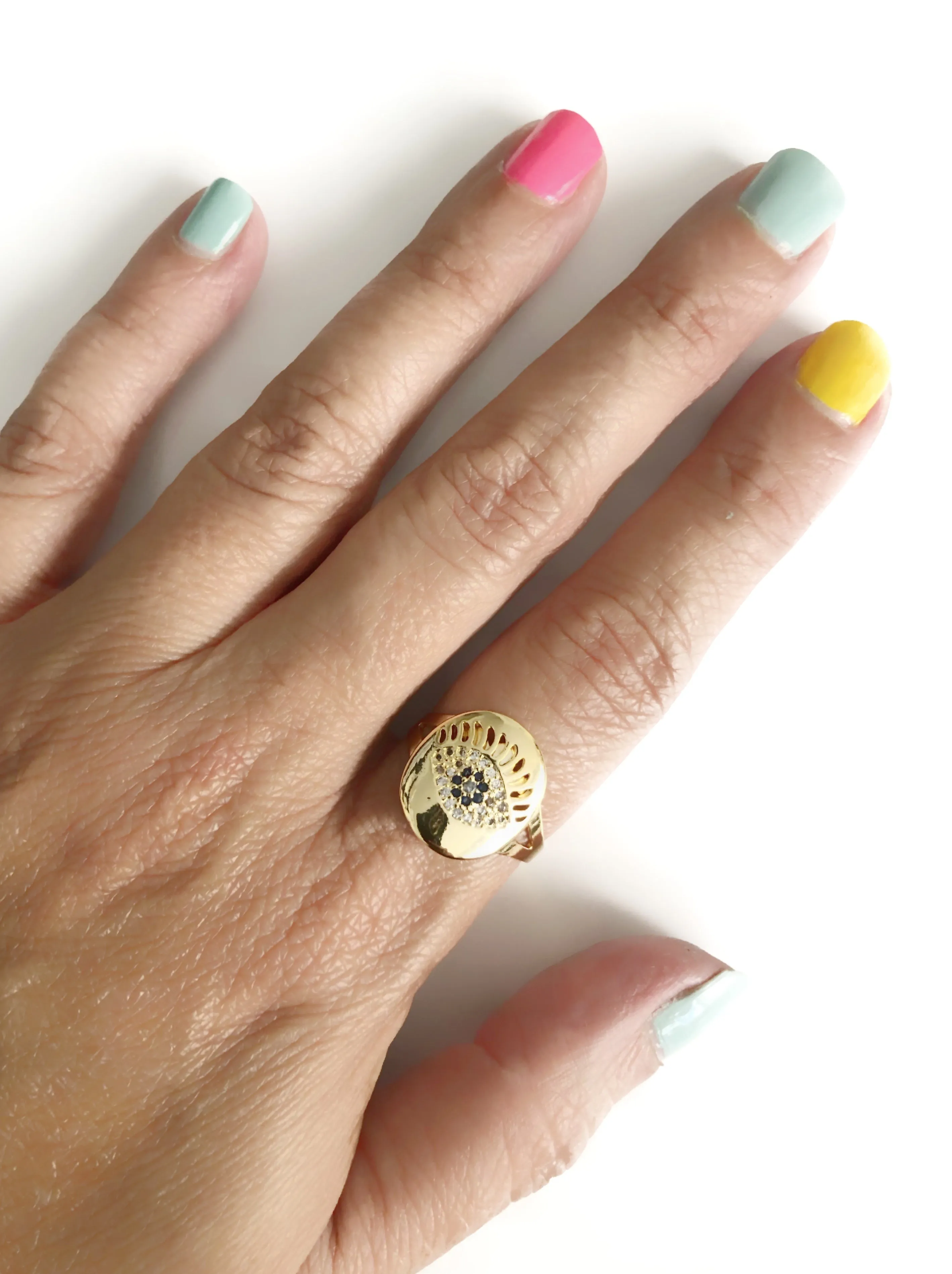 Gold Plated Evil Eye Adjustable Cubic Zirconia Ring