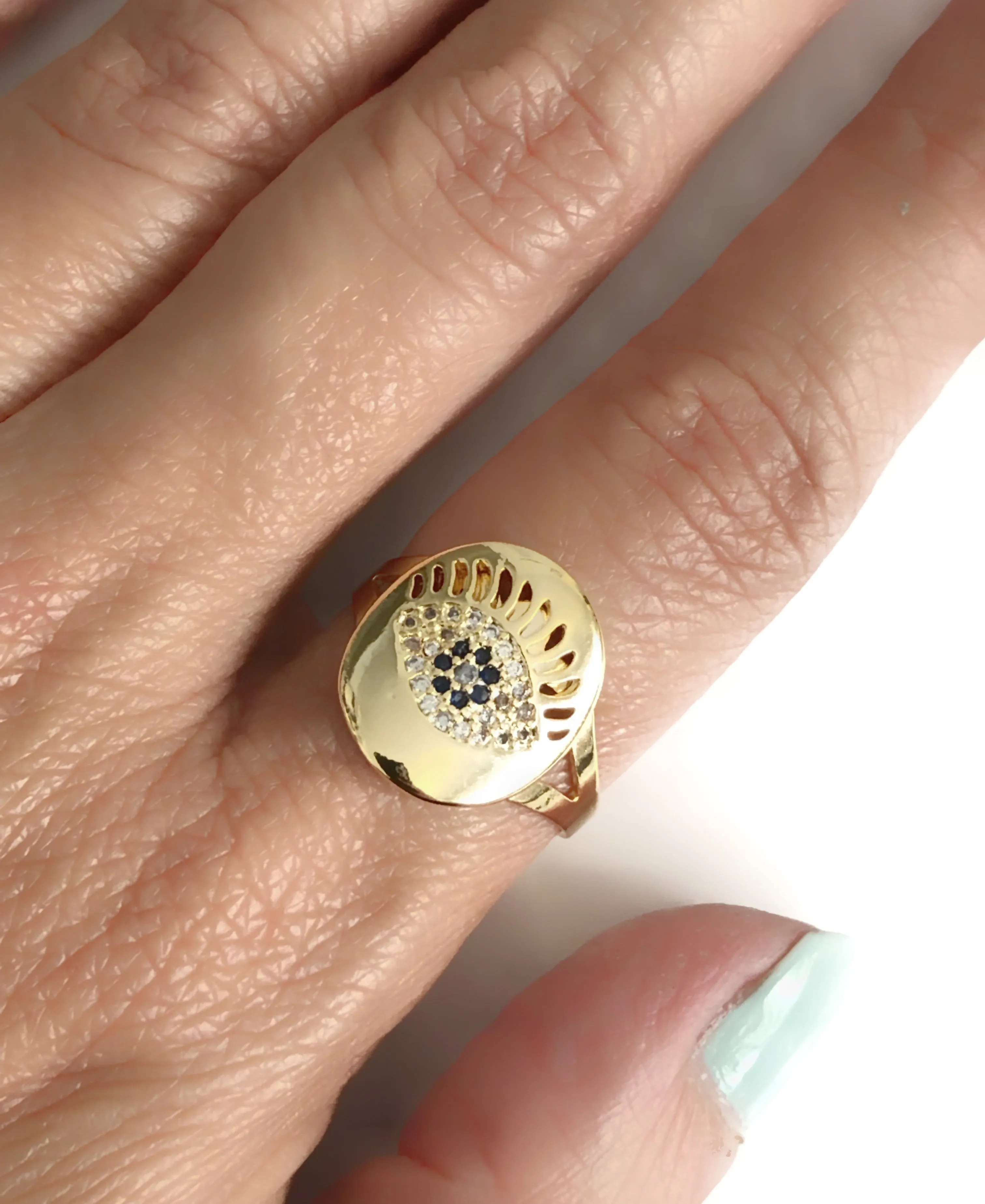 Gold Plated Evil Eye Adjustable Cubic Zirconia Ring