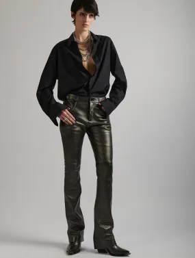 Gunmetal leather straight-leg trousers