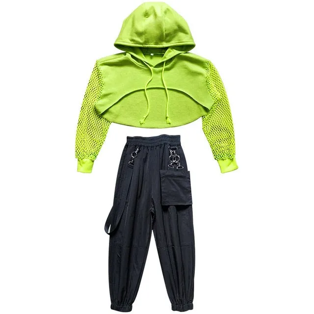 #H5311 Girls Hip Hop Green Top Net Sleeve- Black Hip Hop Pants