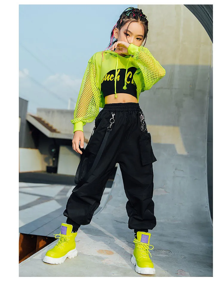 #H5311 Girls Hip Hop Green Top Net Sleeve- Black Hip Hop Pants