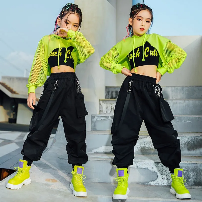 #H5311 Girls Hip Hop Green Top Net Sleeve- Black Hip Hop Pants