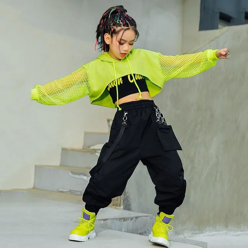 #H5311 Girls Hip Hop Green Top Net Sleeve- Black Hip Hop Pants