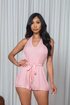 Halter Striped Romper w/Belt in Pink (185540)