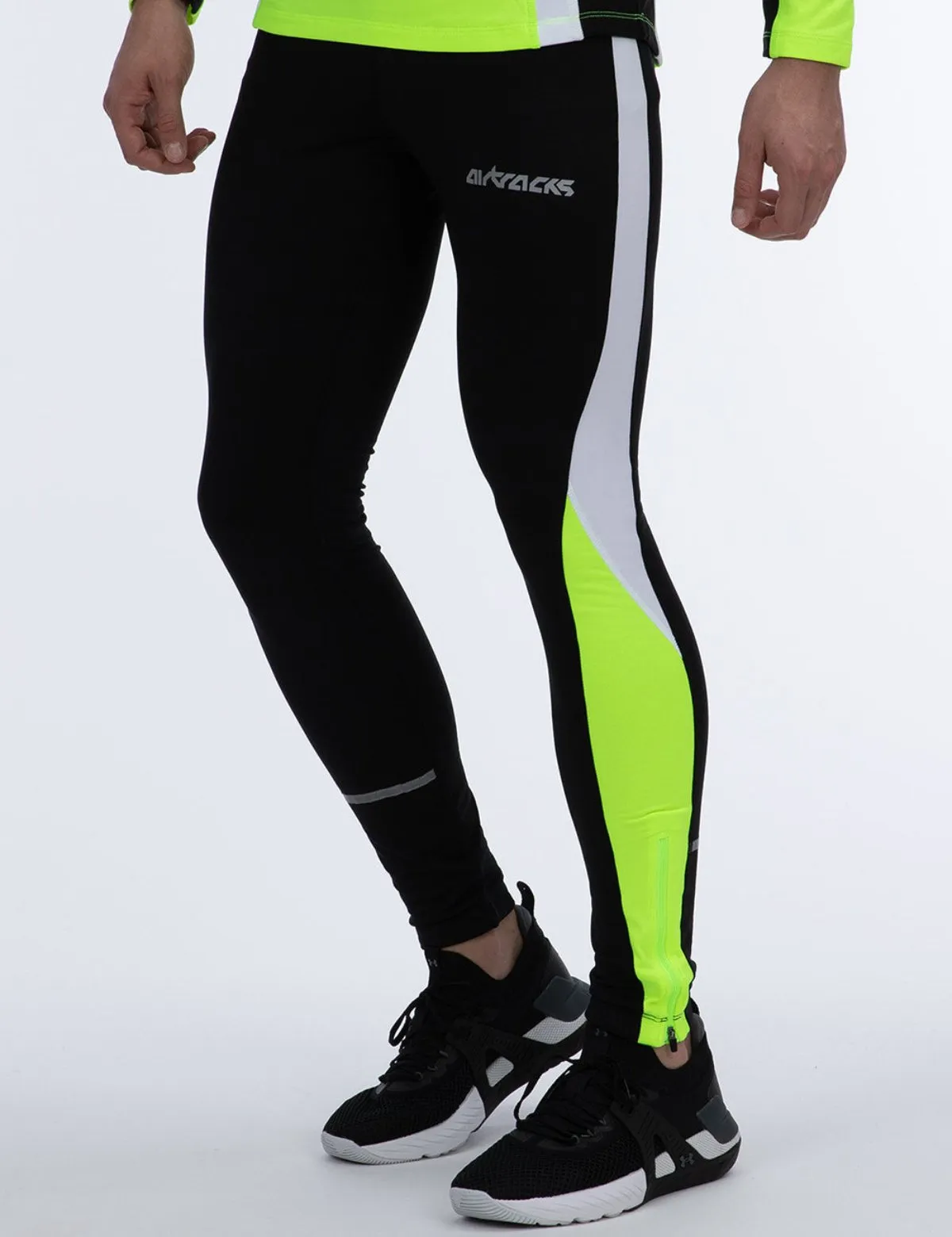 Herren Thermo Laufhose Tight Lang Schwarz Neon