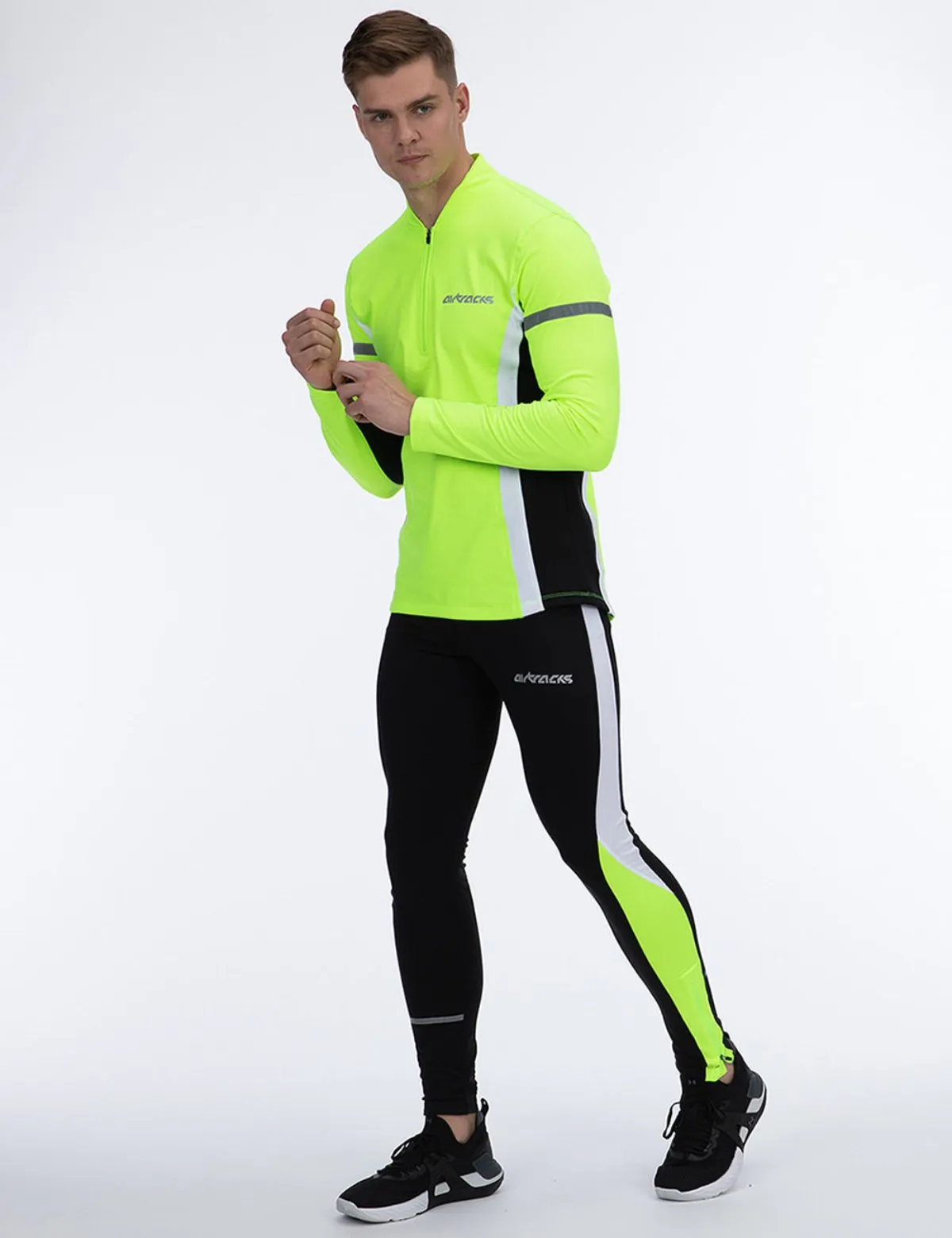 Herren Thermo Laufhose Tight Lang Schwarz Neon