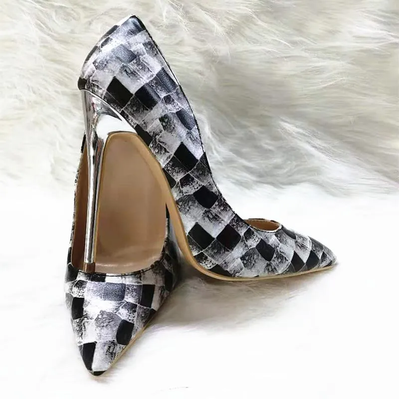 High-heels with black-and-white plaid pattern, Fashion Evening Party Shoes, yy16